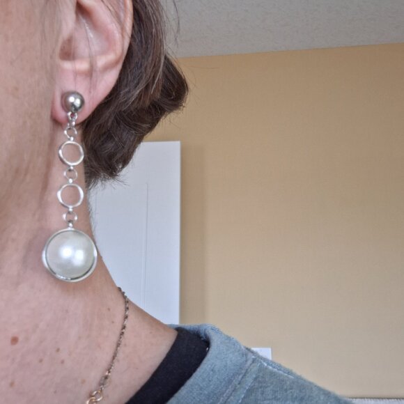 Silver/White Pearl Drop Earrings - Picture 2 of 4